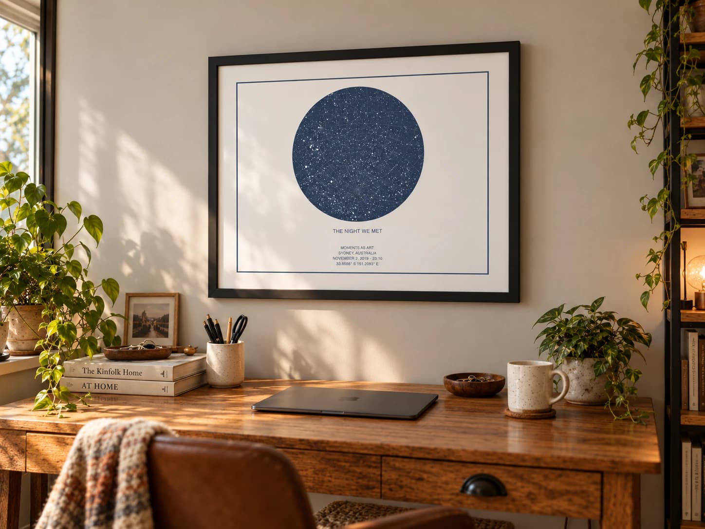 A star map in a black frame hanging above a wooden desk in a sunlit study