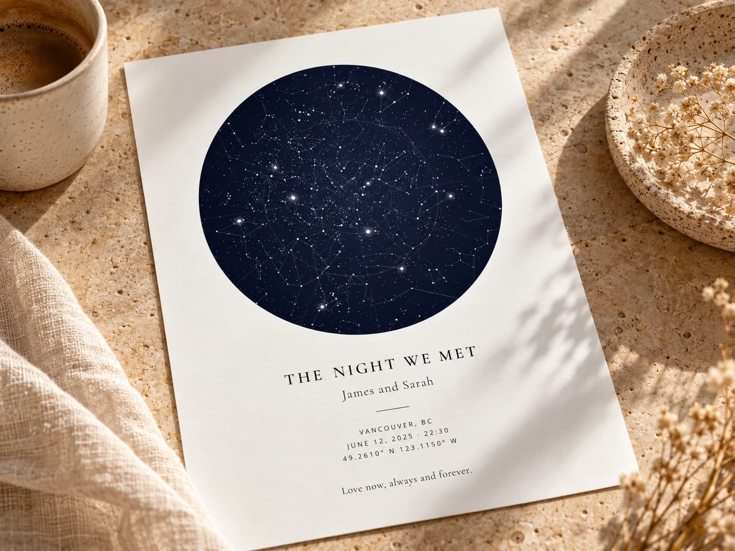 An unframed star map print lying on a stone table beside a cup of coffee