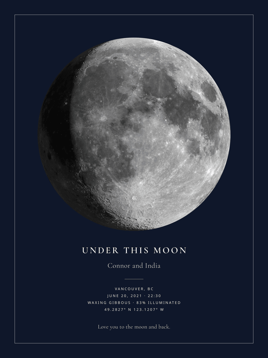 A moon phase print: a waxing gibbous moon over Vancouver, captioned with the date and phase